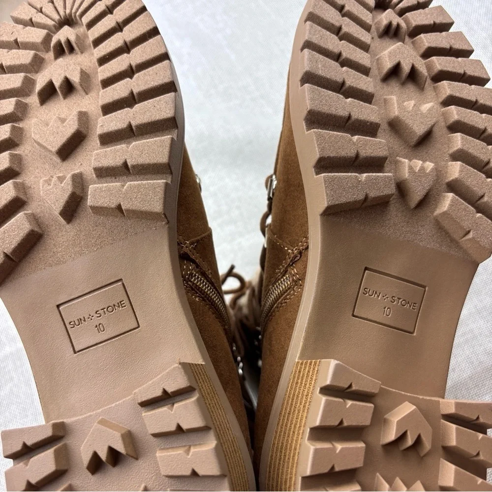 Sun + Stone Women's Brown Peanut Quiinn Lace-Up Winter Lug Booties Size 10